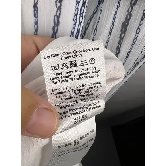 DKNY Wrap Dress, Blue White Chain Stripe, Sleeveless, Belted Asymmetrical Hem - Picture 13 of 13